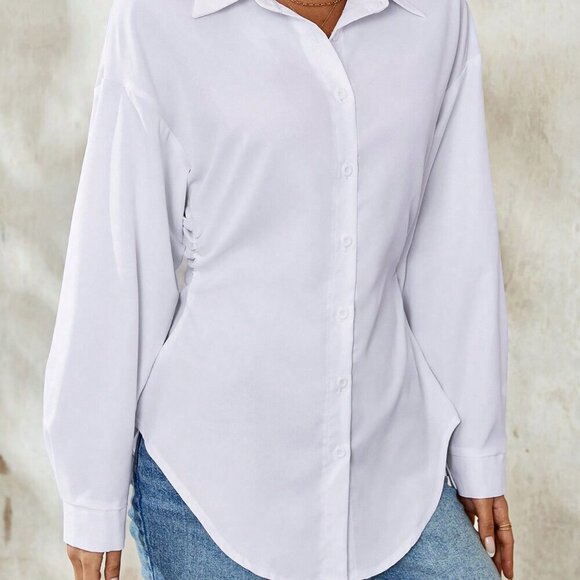 White Casual Women's Elegant Long Sleeve Vacation Shirt - Picture 3 of 6